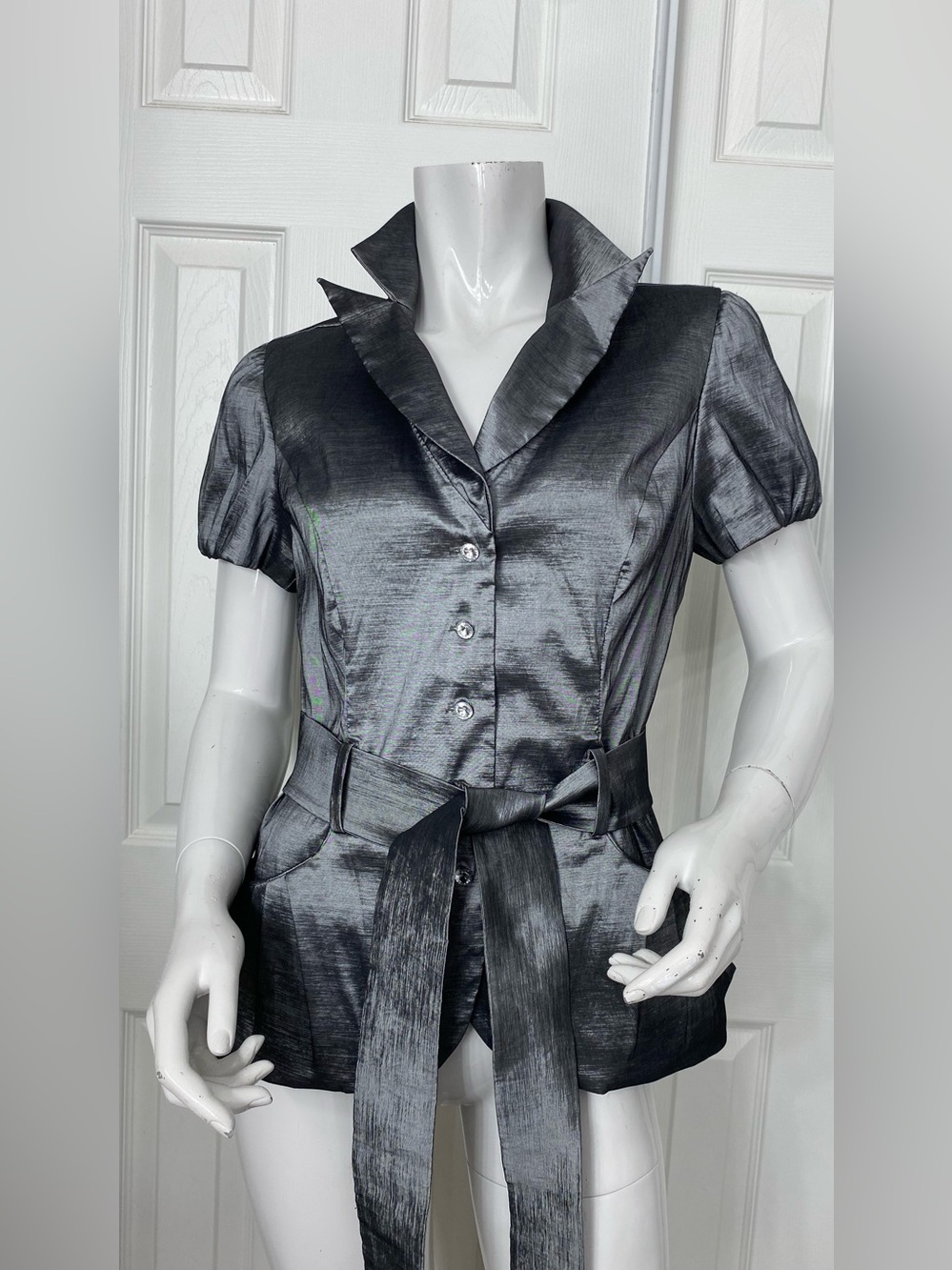 Xscape Shimmery Charcoal Gray Short-Sleeve Button Blouse with Waist Tie